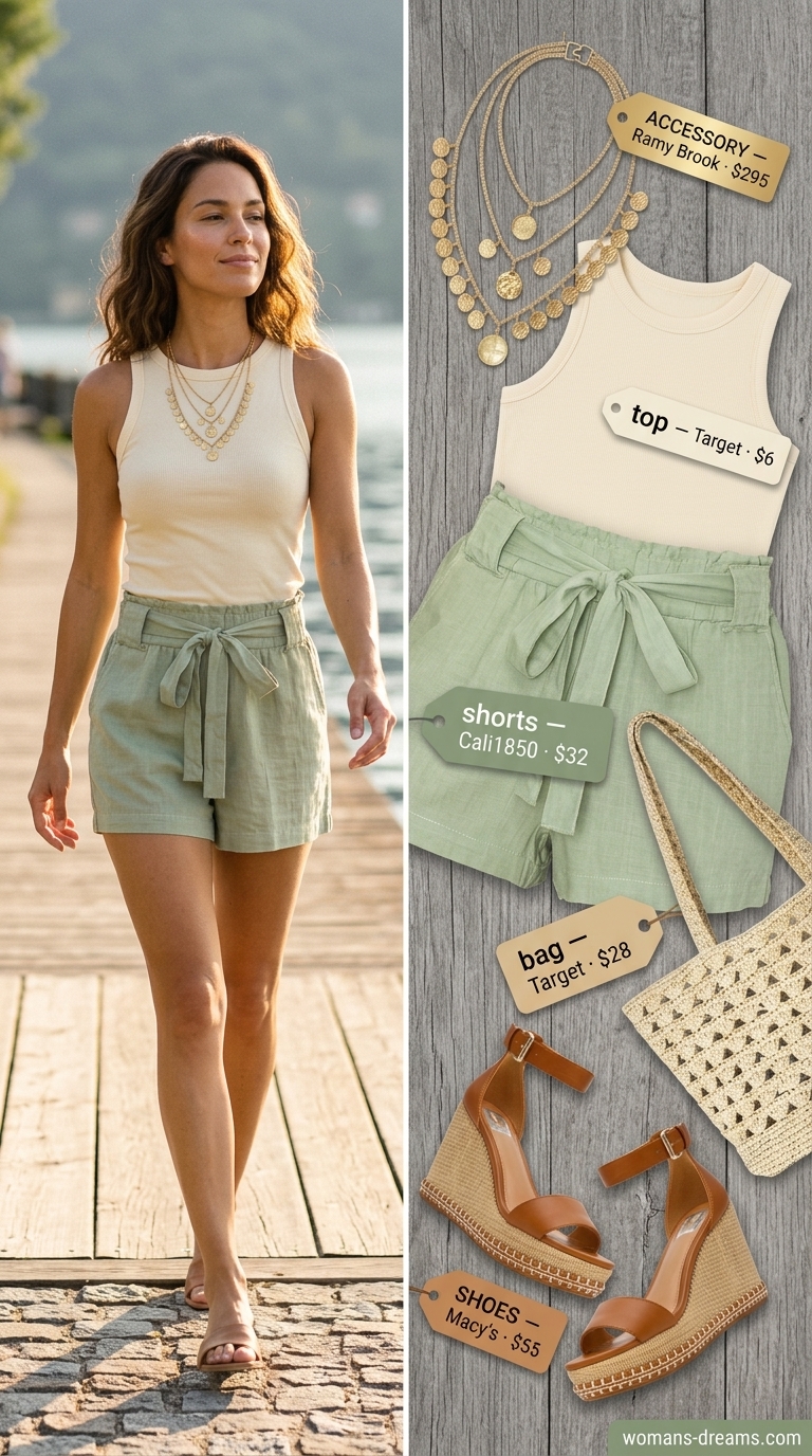Casual short outfits summer for women 2026: sage green linen shorts, cream tank, espadrilles, straw tote.
