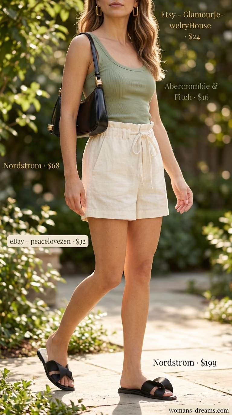 Casual short outfits summer for women 2026: Cream linen shorts, olive tank, black slides for garden brunch.