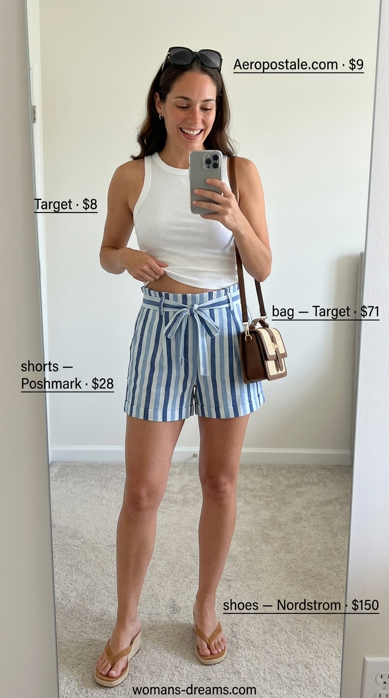 Casual short outfits summer for women 2026: Navy stripe linen shorts, white tank, tan espadrilles for seaside lunch.