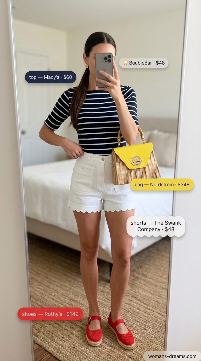 Casual short outfits summer for women 2026: white scalloped shorts, striped tee, red espadrilles, wicker bag.