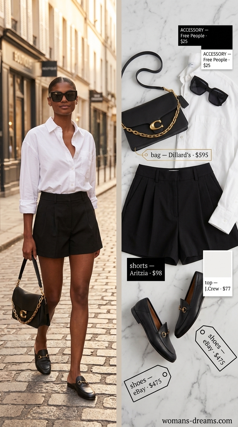 Casual short outfits summer for women 2026: black tailored shorts, oversized white shirt, loafers, gold belt.