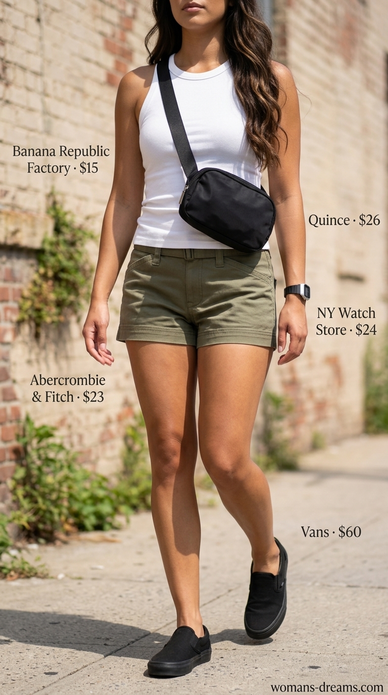 Casual short outfits summer for women 2026: Olive utility shorts, white ribbed tank, black belt bag for exploring.