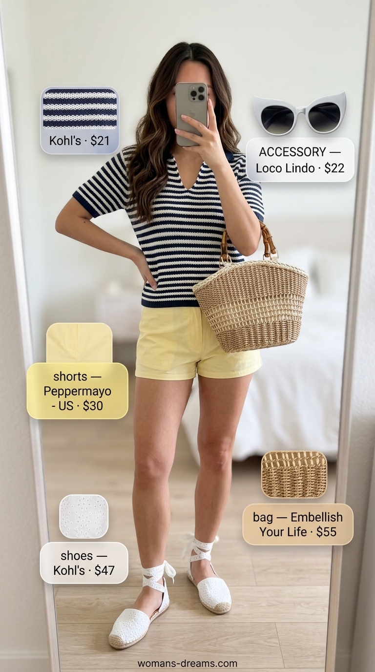 Casual short outfits summer for women 2026: Bright yellow shorts, navy stripe knit top, espadrilles for resort.