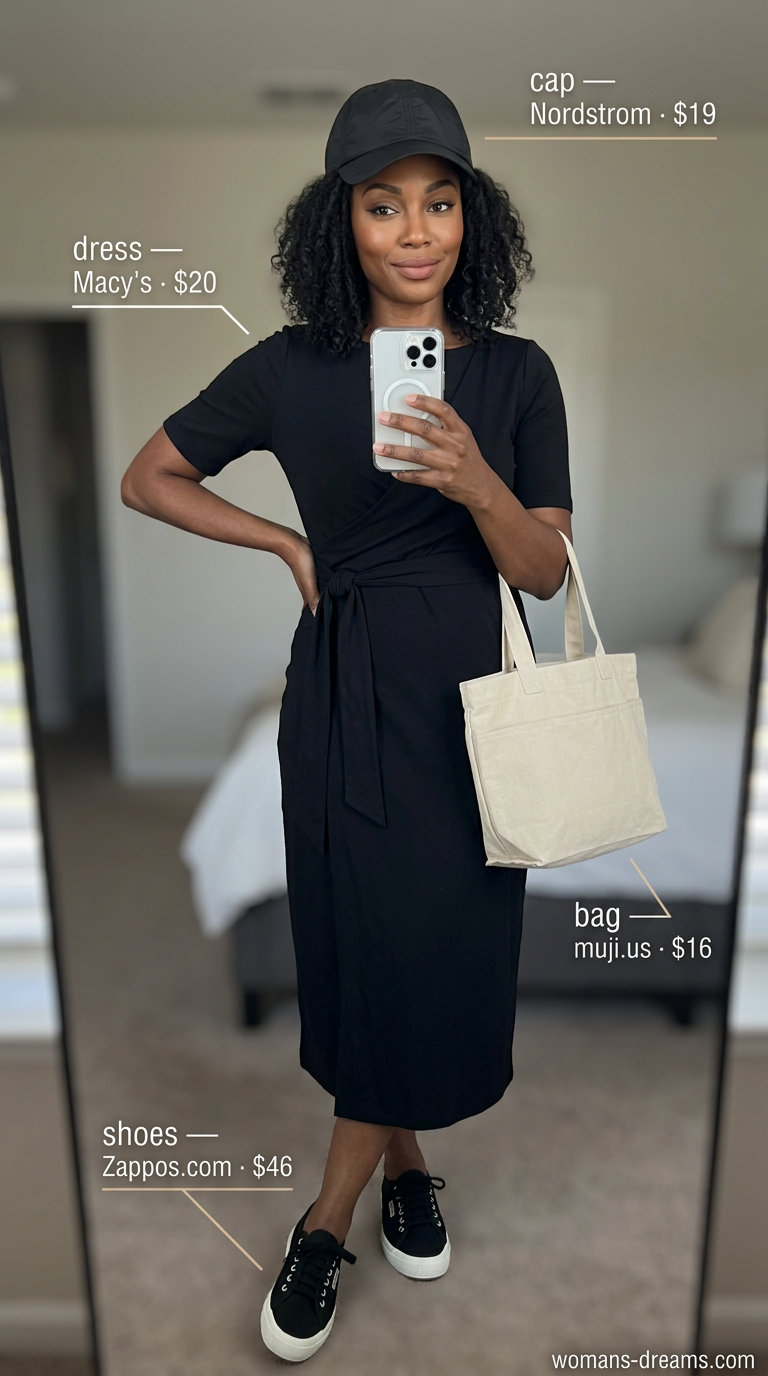 Black wrap dress outfits 2026. Comfortable casual look with canvas sneakers, tote bag, and baseball cap.