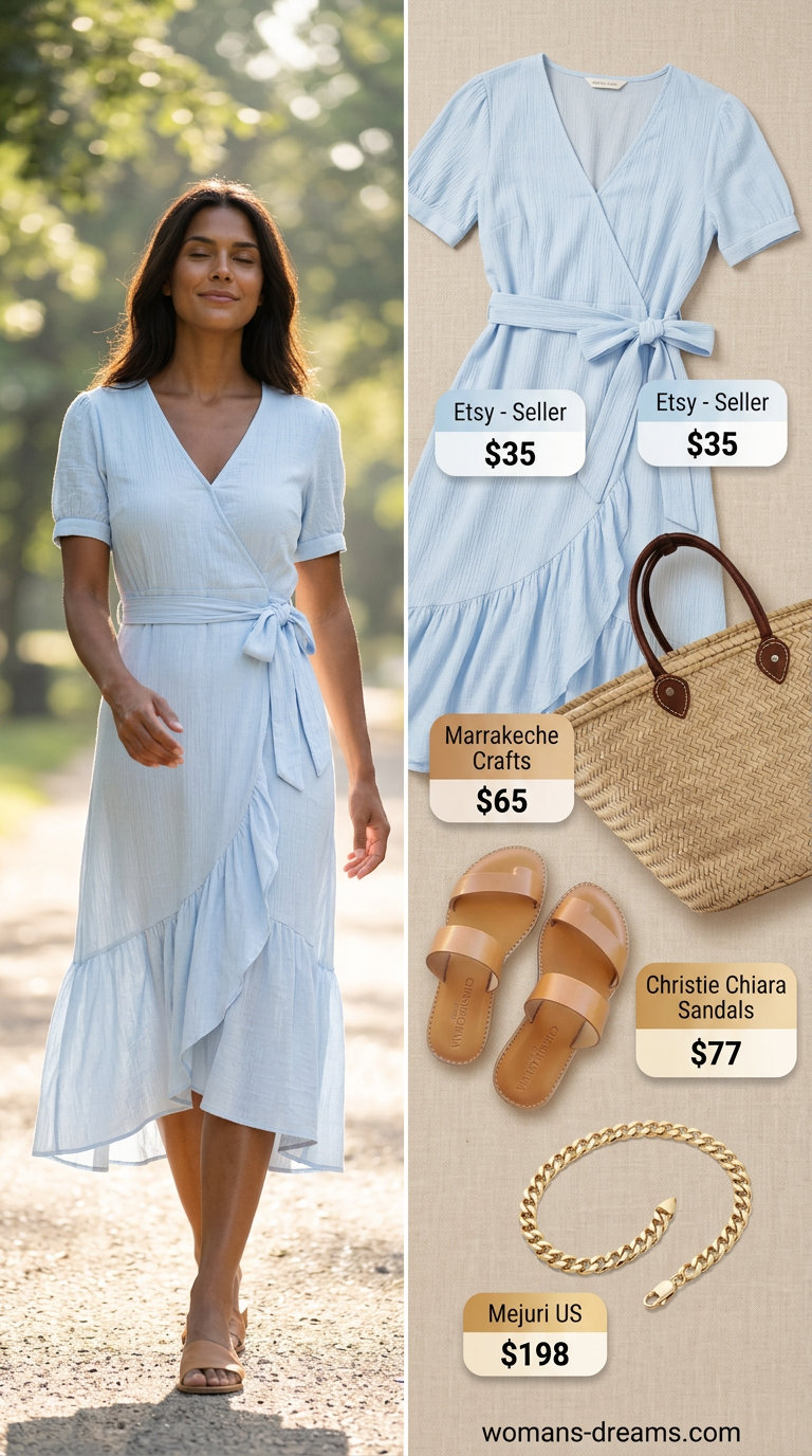 Light blue wrap dress outfits 2026. Relaxed coastal look with flat sandals, straw tote, and gold bracelet.