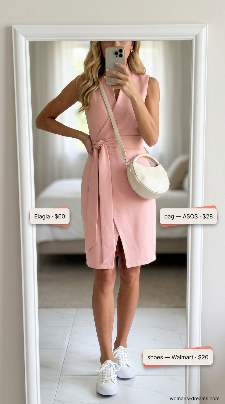 Blush pink mini wrap dress with white sneakers for casual date summer outfits 2026.