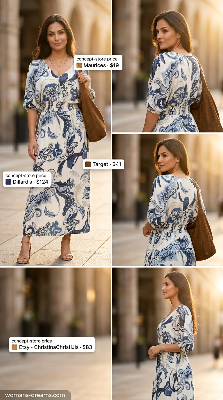 Teal paisley print maxi wrap dress with gladiator sandals, layered necklaces, and slouchy suede bag for boho style.