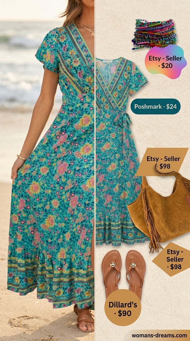 Boho floral maxi wrap dress with tan sandals for beach cover-up summer outfits 2026.