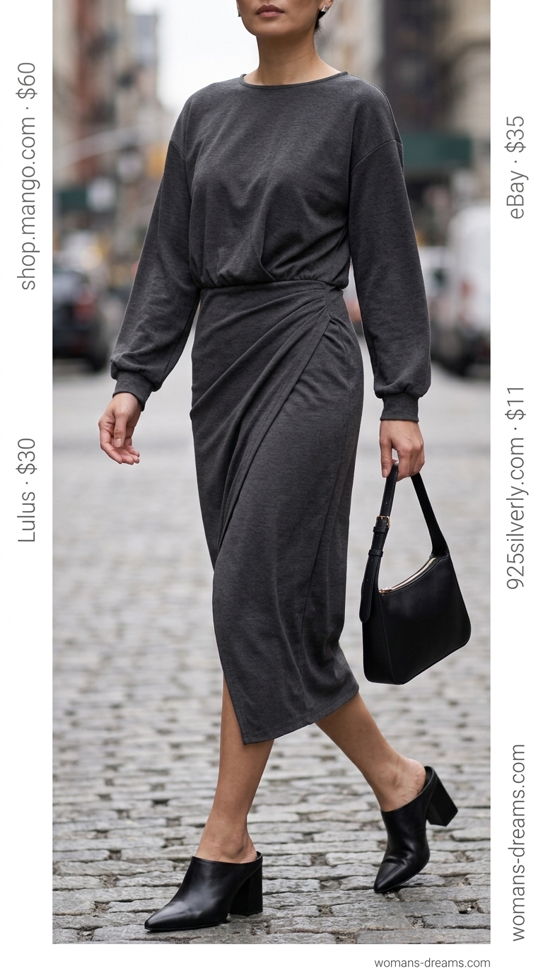 Charcoal grey knit midi wrap dress with black mules for smart casual summer outfits 2026.