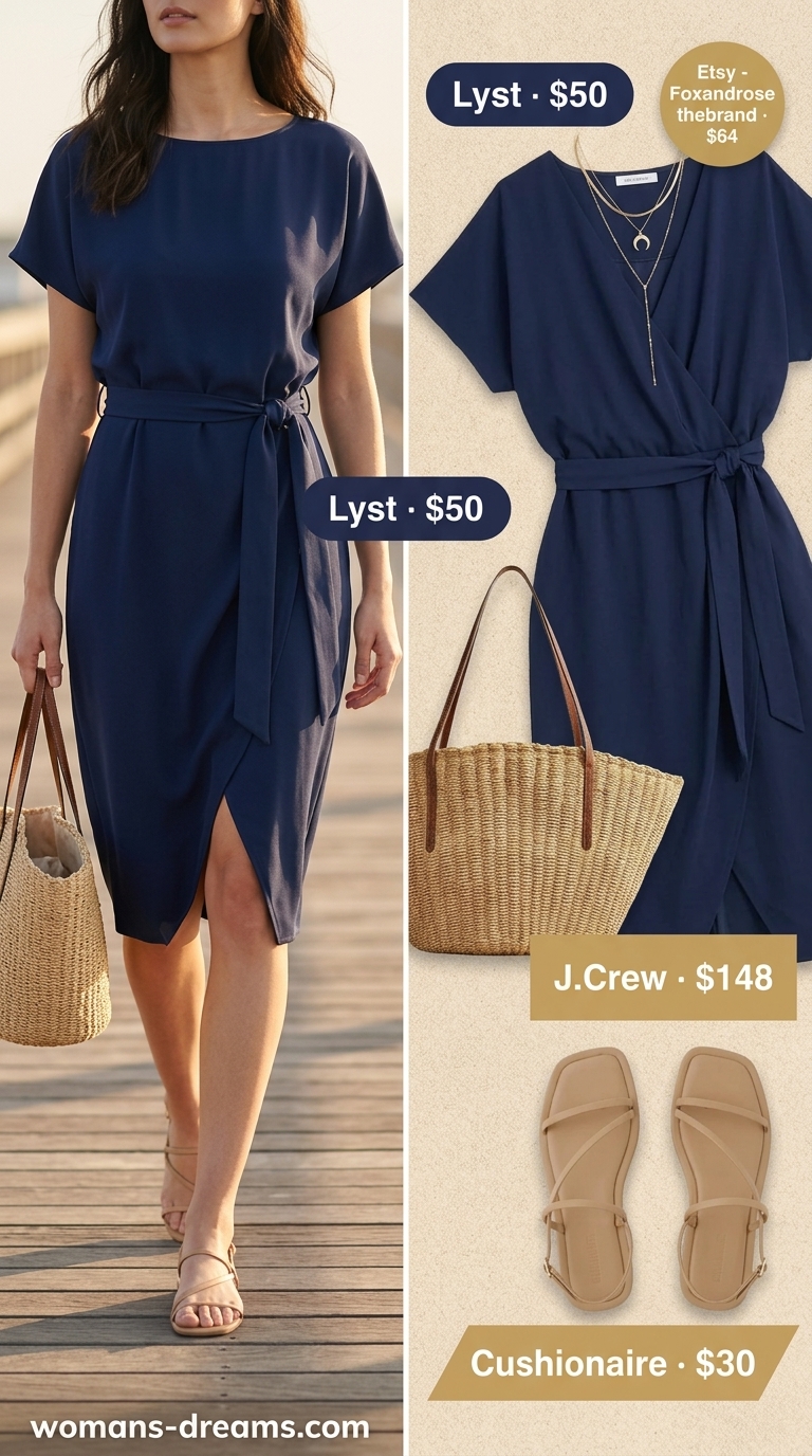 Muted blue casual wrap dress with flat sandals, straw tote bag, and delicate gold necklaces for a beach day.