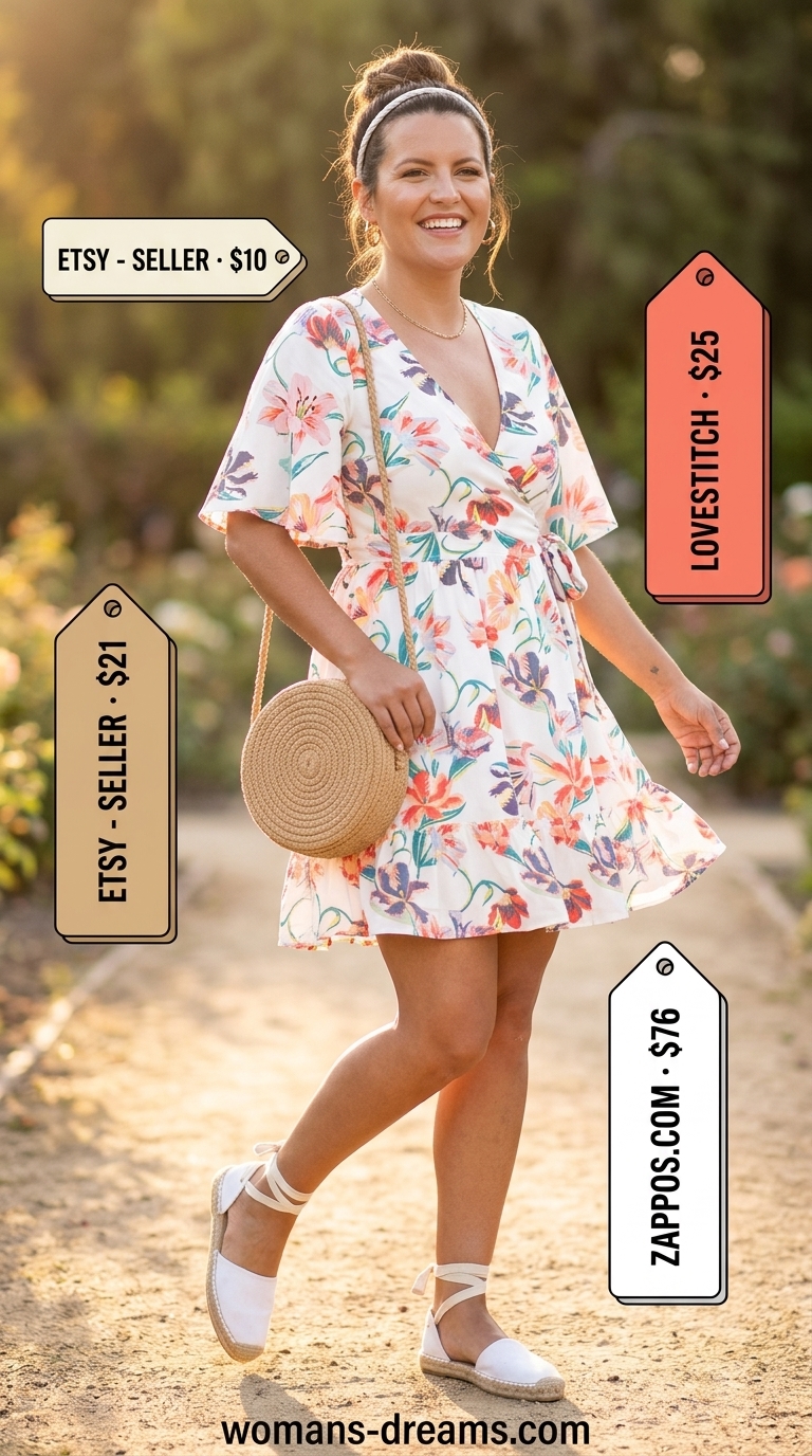 Pastel floral mini wrap dress with espadrilles for garden party summer outfits 2026.