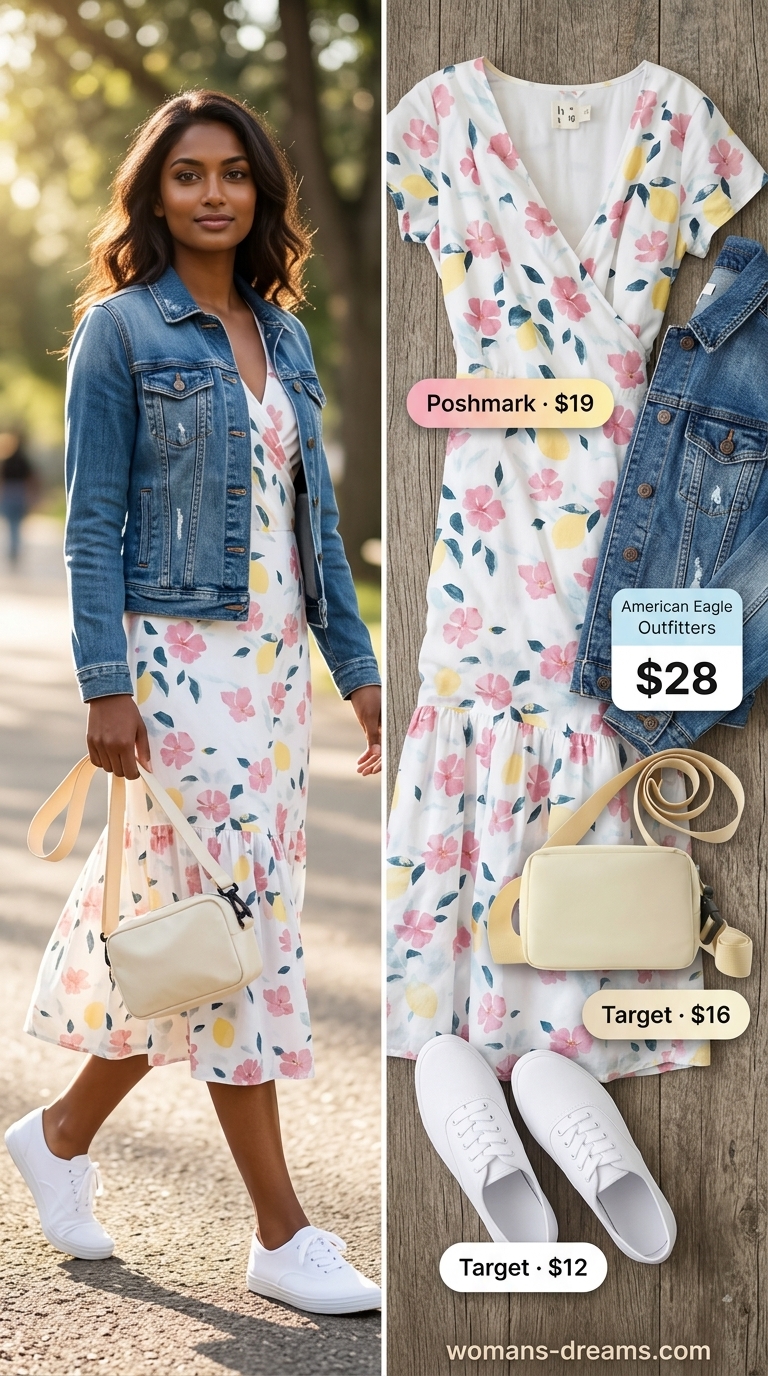 Pastel floral midi wrap dress with denim jacket and sneakers for park picnic outfits 2026.
