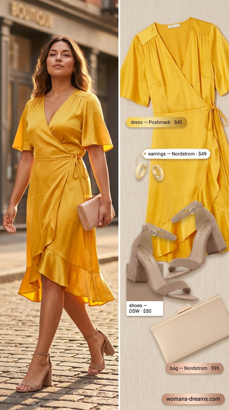 Bright yellow midi wrap dress with block heel sandals, gold hoop earrings, and metallic clutch for evening out.