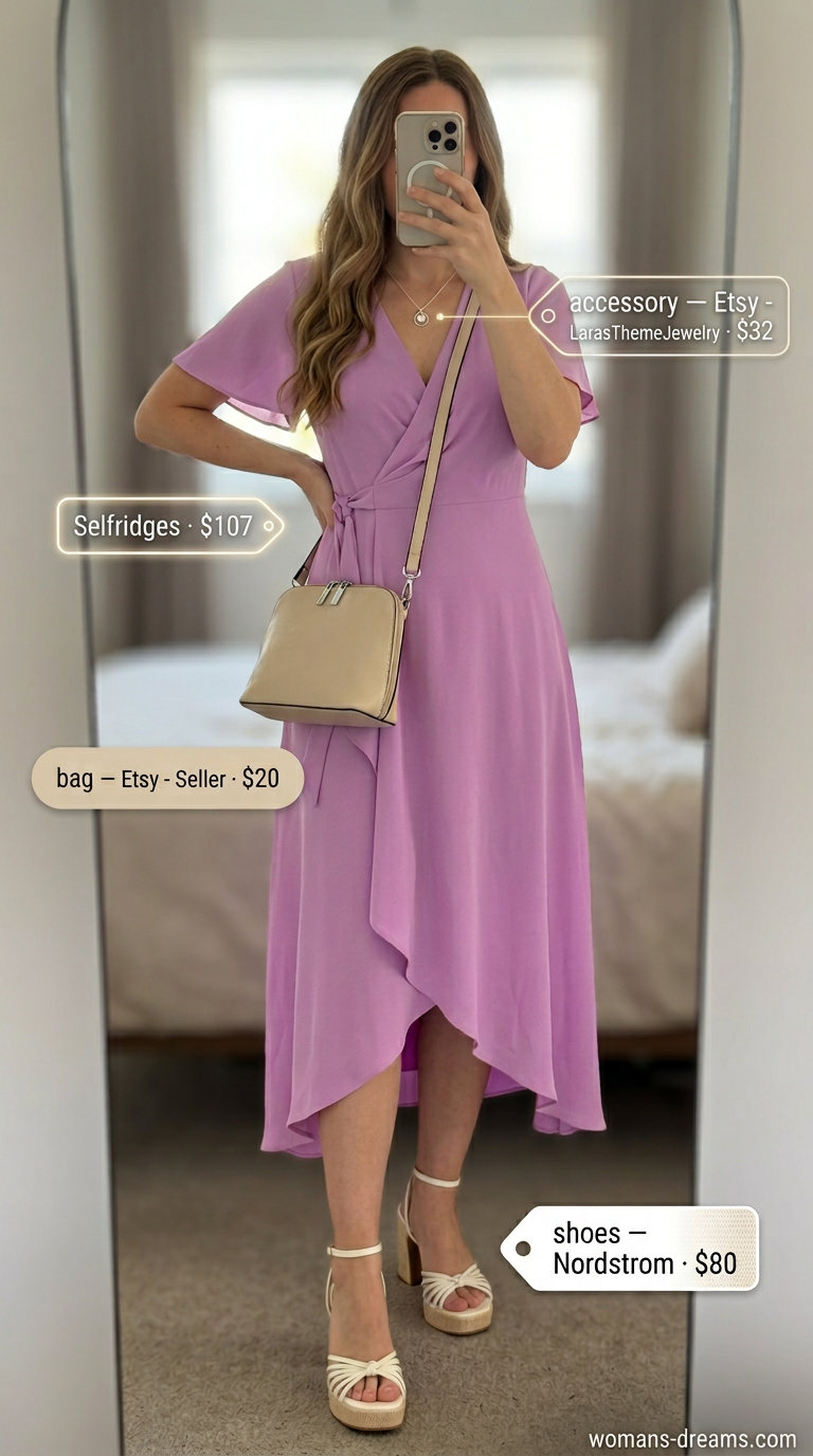 Lilac wrap dress outfits 2026. Feminine spring look with platform sandals, crossbody bag, and silver necklace.