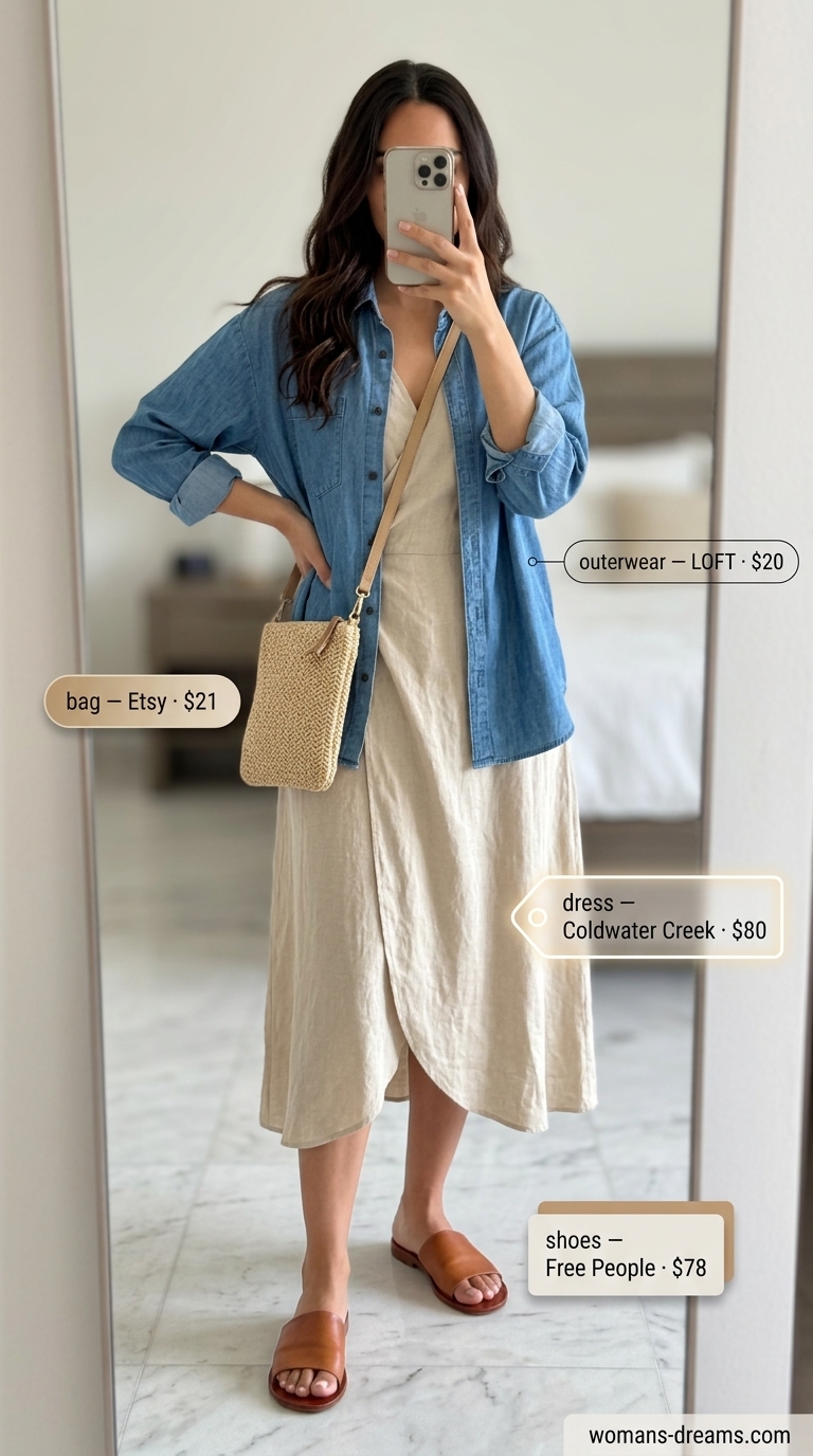 Linen wrap dress outfits 2026. Chic casual daytime look with oversized shirt, straw bag, and leather slides.