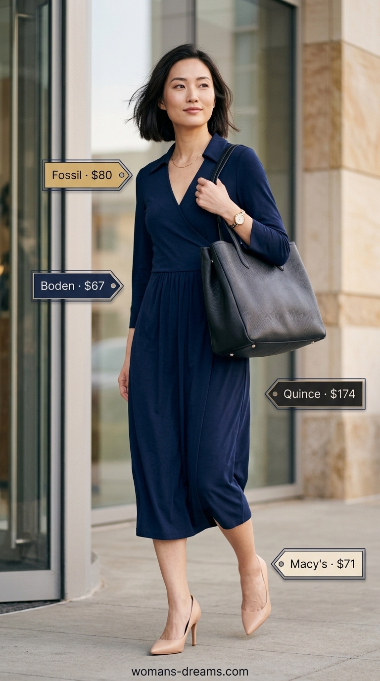 Navy blue long-sleeve wrap dress with nude pumps for professional summer outfits 2026.