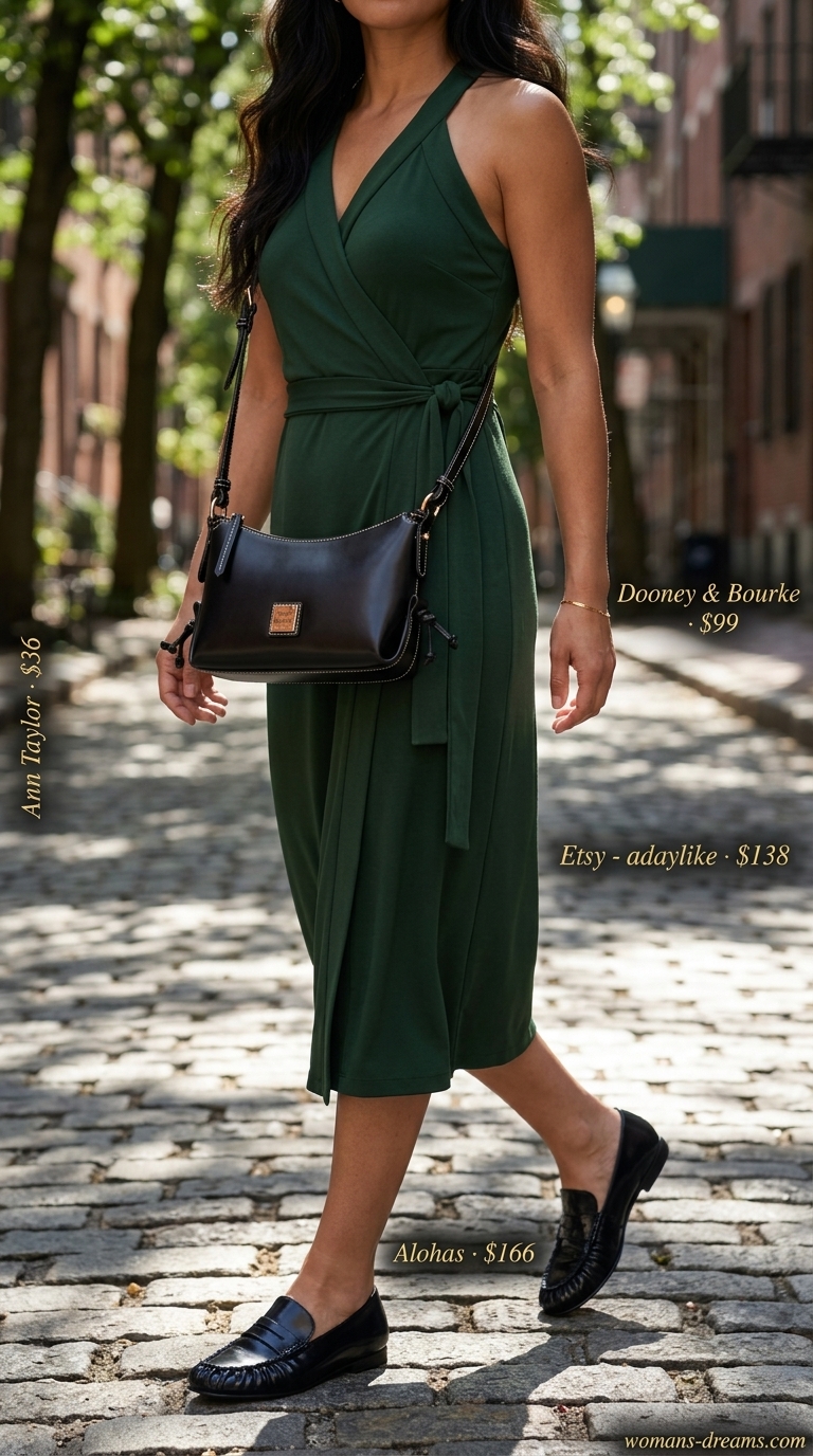 Olive green midi wrap dress worn open with black loafers for urban casual summer outfits 2026.