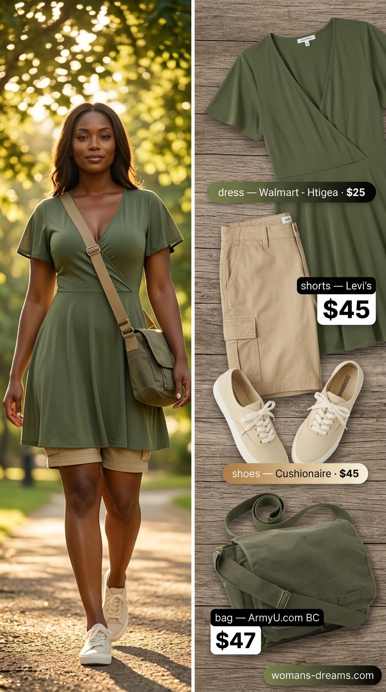 Olive green short wrap dress with cargo shorts and sneakers for casual weekend outfits 2026.