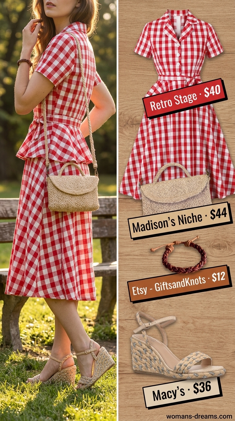 Red and white gingham midi wrap dress with espadrille wedges, woven crossbody bag, and leather bracelet for a picnic.