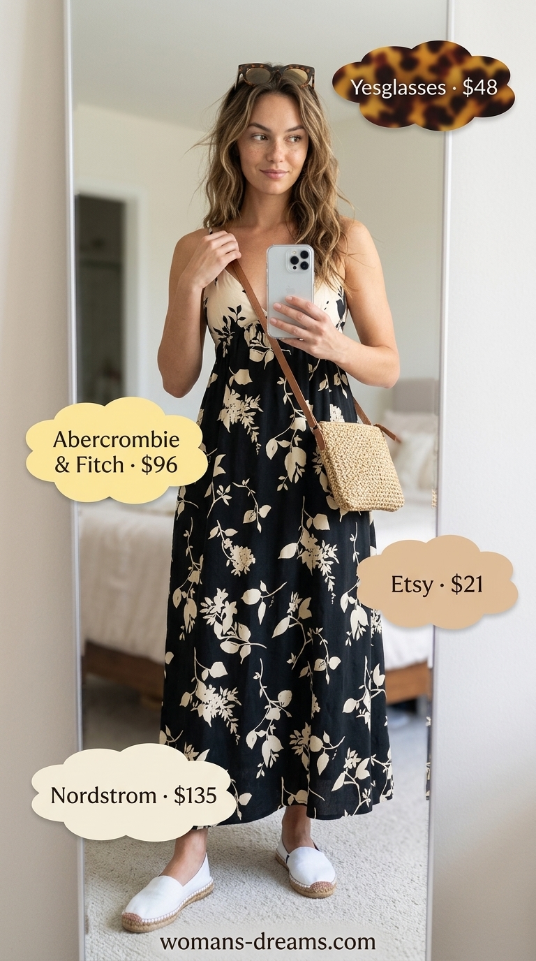 Yellow wrap dress for picnic outfits 2026. Casual summer look with white espadrilles, straw bag, and sunglasses.