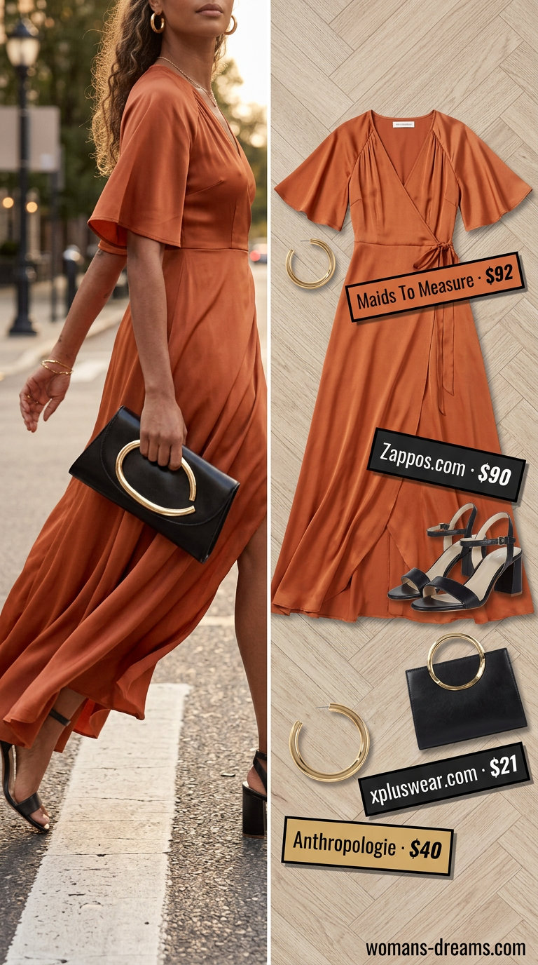 Sunset Orange satin midi wrap dress with flutter sleeves, black block heels, and gold hoop earrings for a summer date night.