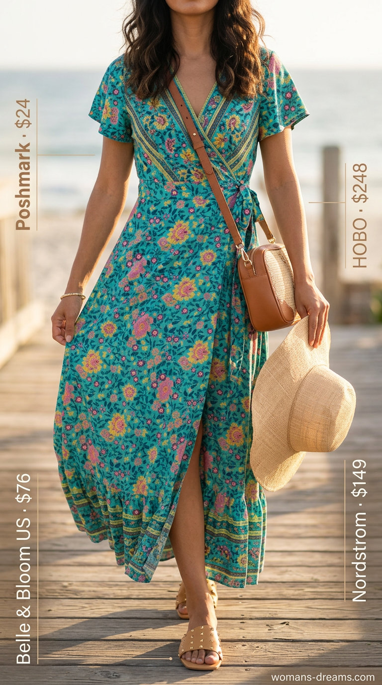 Tropical print maxi wrap dress with embellished slide sandals, straw hat, and crossbody bag for vacation wear.