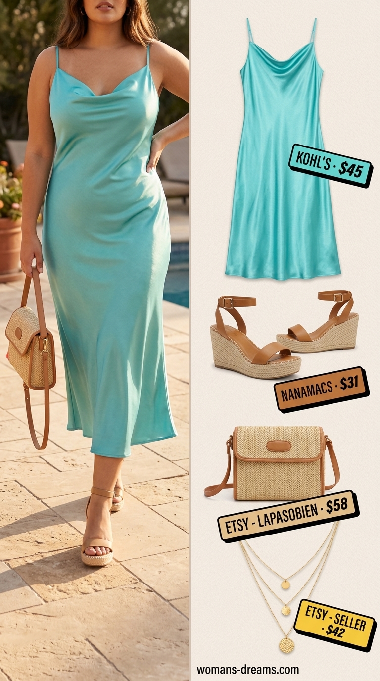 Chic summer pool party outfits for women 2026: Aqua satin slip dress with espadrille wedges and straw crossbody.