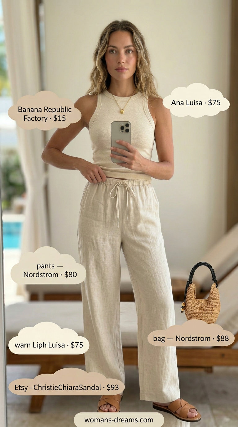 Chic summer pool party outfits for women 2026: Beige linen pants, cream tank, tan slides & gold necklace.