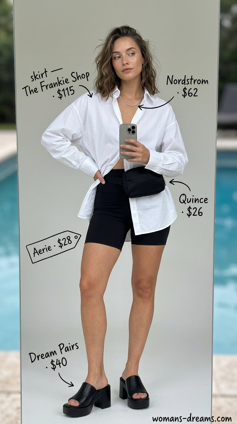 Chic summer pool party outfits for women 2026: Black biker shorts, white shirt, chunky sandals & belt bag.