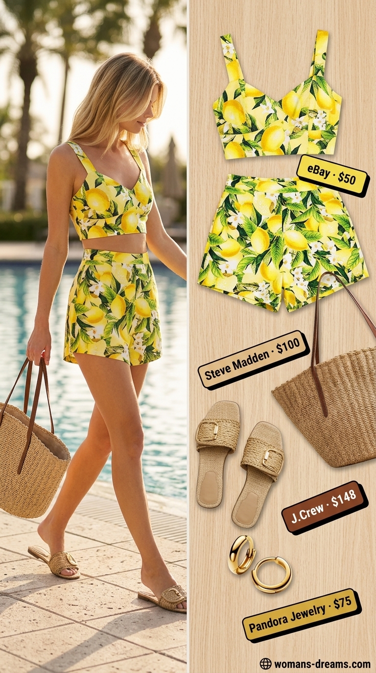 Chic summer pool party outfits for women 2026: Citrus print shorts set with straw tote and raffia slides.