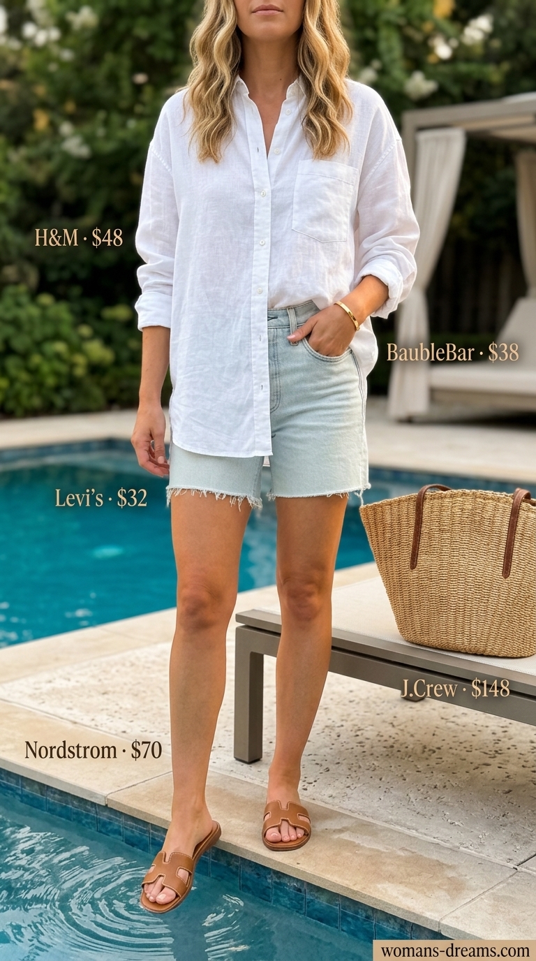 Chic summer pool party outfits for women 2026: White linen shirt, denim shorts, and straw tote.