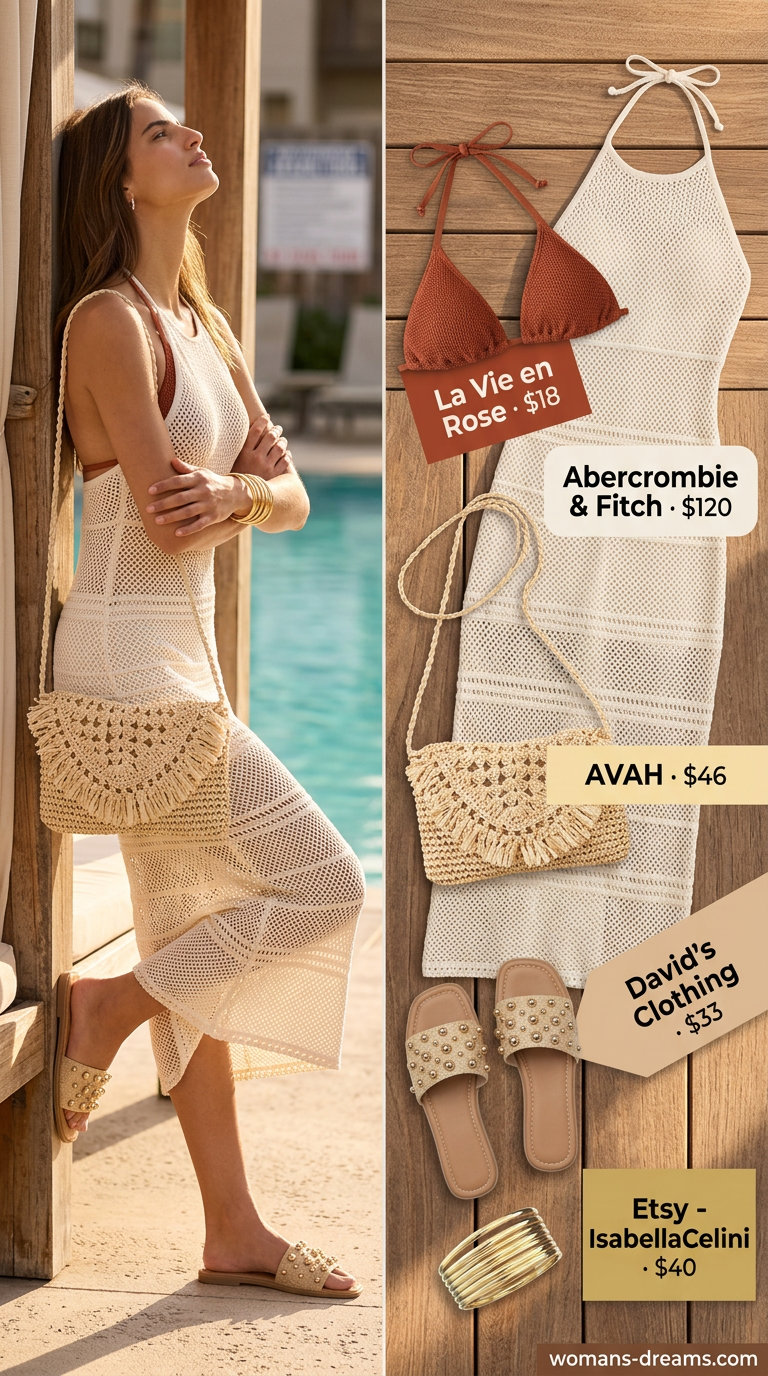 Chic summer pool party outfits for women 2026: Cream crochet maxi dress, terracotta bikini, straw bag, beaded sandals.