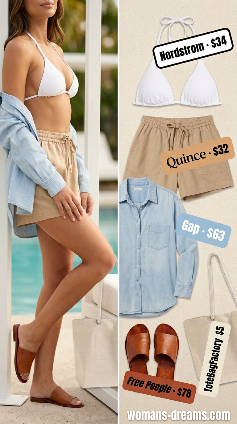 Chic summer pool party outfits for women 2026: Denim oversized shirt, linen shorts, bikini top, canvas tote.
