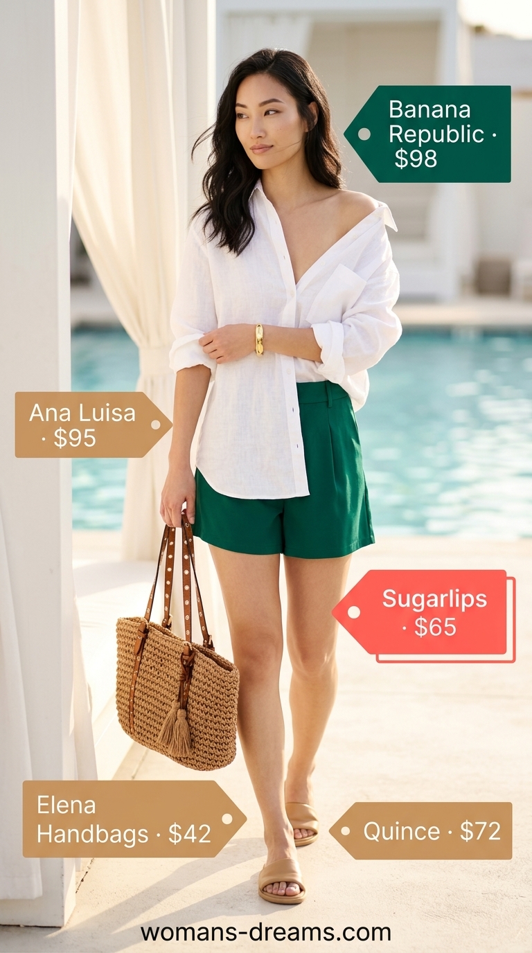 Chic summer pool party outfits for women 2026: Emerald green flowy shorts, oversized white linen shirt, straw tote.