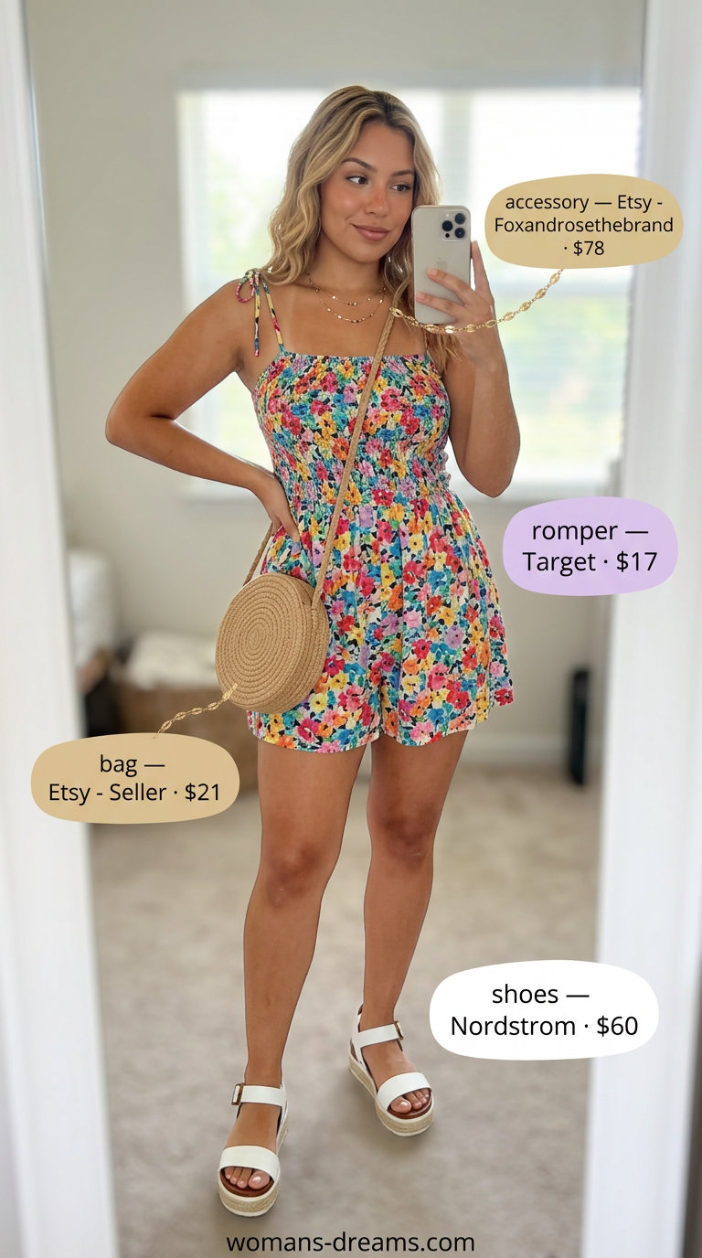 Chic summer pool party outfits for women 2026: Multicolor floral romper, white espadrilles, straw crossbody bag.