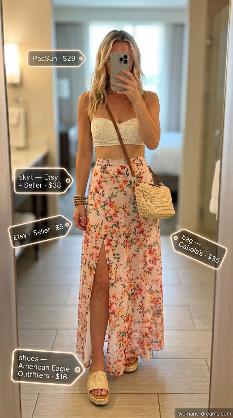 Chic summer pool party outfits for women 2026: Tropical floral maxi skirt, crochet bikini top, woven crossbody bag.