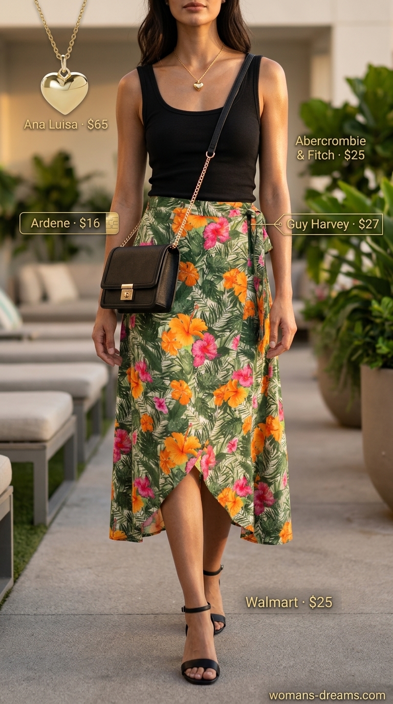 Chic summer pool party outfits for women 2026: Bold floral midi skirt, black tank, gold necklace & sandals.