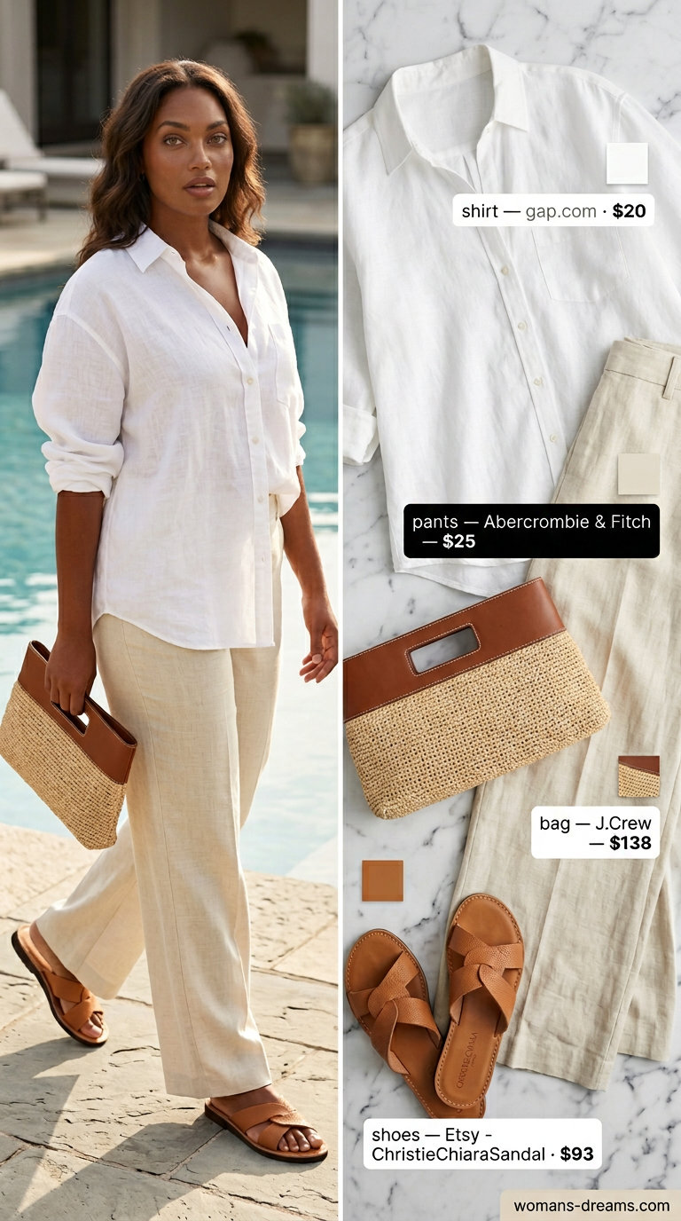 Chic summer pool party outfits for women 2026: Cream linen pants, white shirt, tan slides & raffia clutch.
