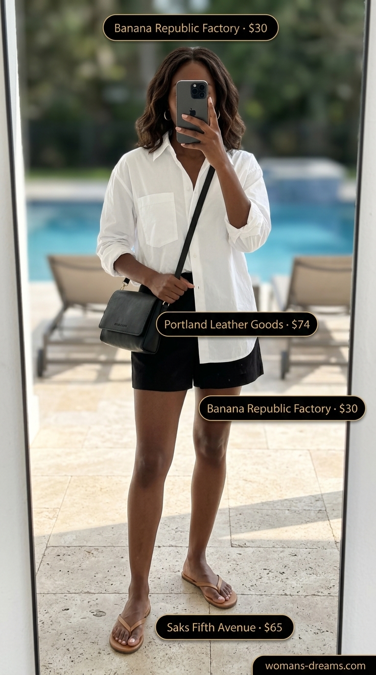 Chic summer pool party outfits for women 2026: Linen shorts, white shirt, tan sandals & black crossbody.