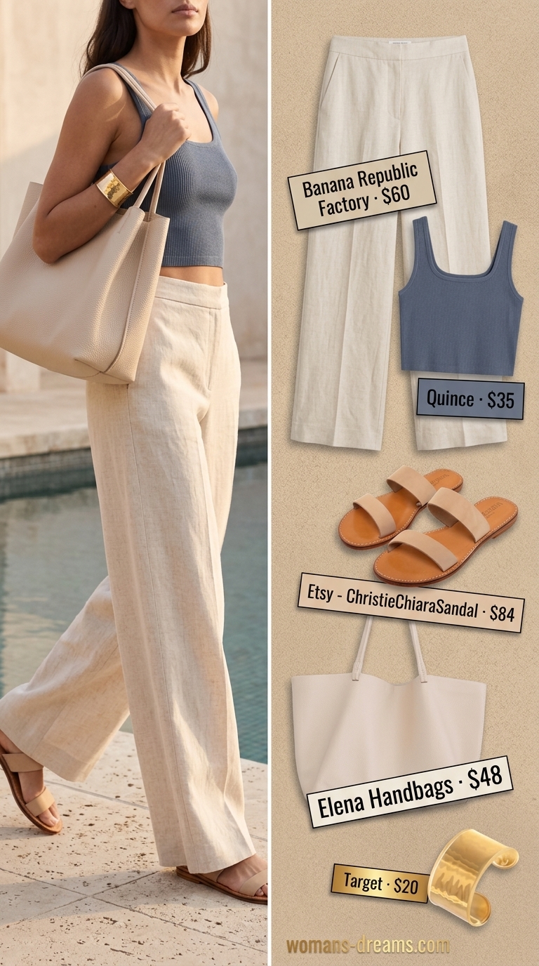 Chic summer pool party outfits for women 2026: Beige linen pants, cream tank, and leather slides.
