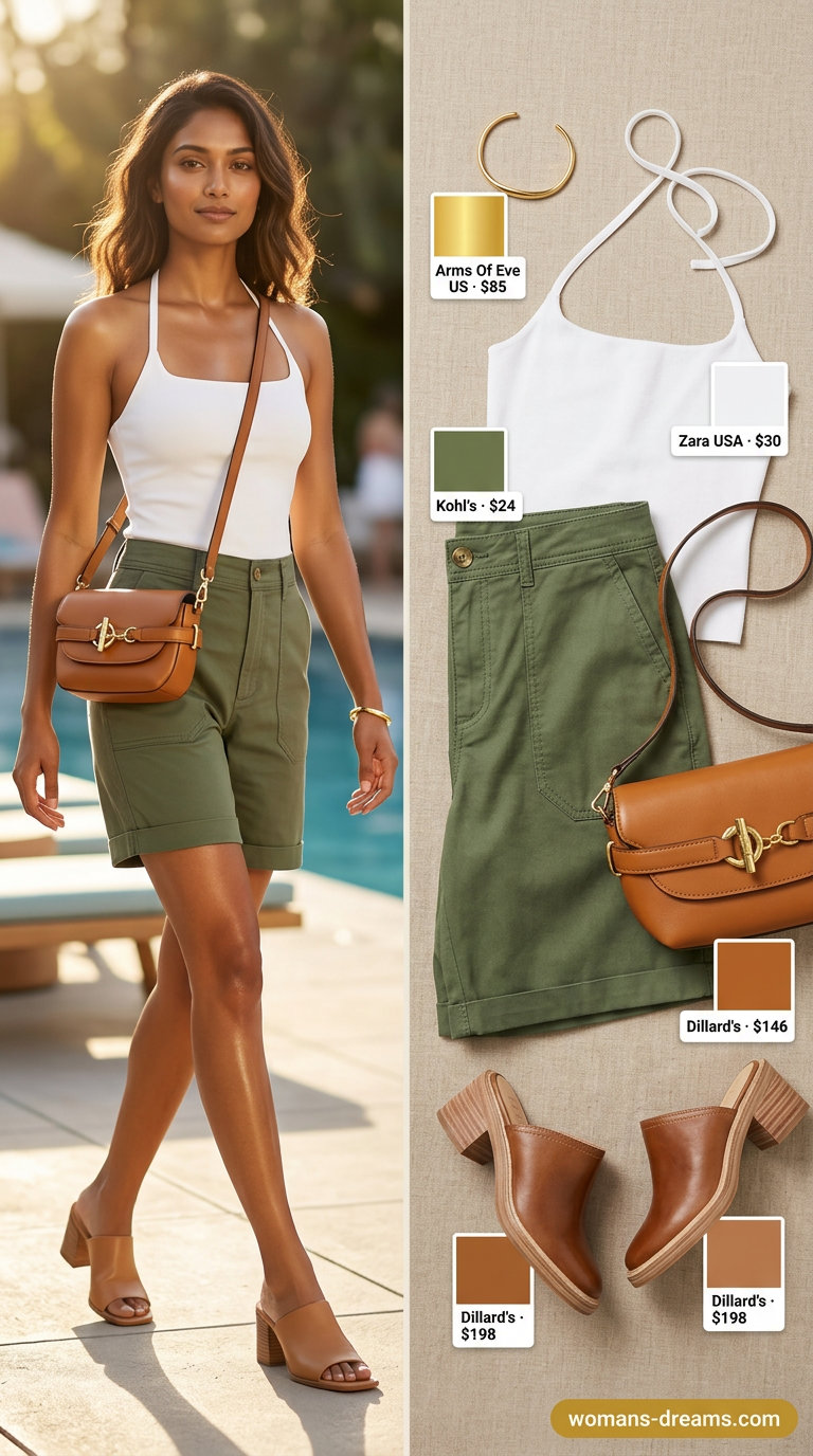 Chic summer pool party outfits for women 2026: Olive green tailored shorts, white halter crop top, gold jewelry.