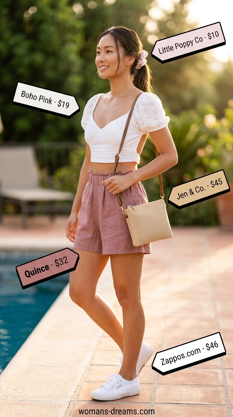 Chic summer pool party outfits for women 2026: Pastel pink linen shorts, white eyelet top, and canvas sneakers.