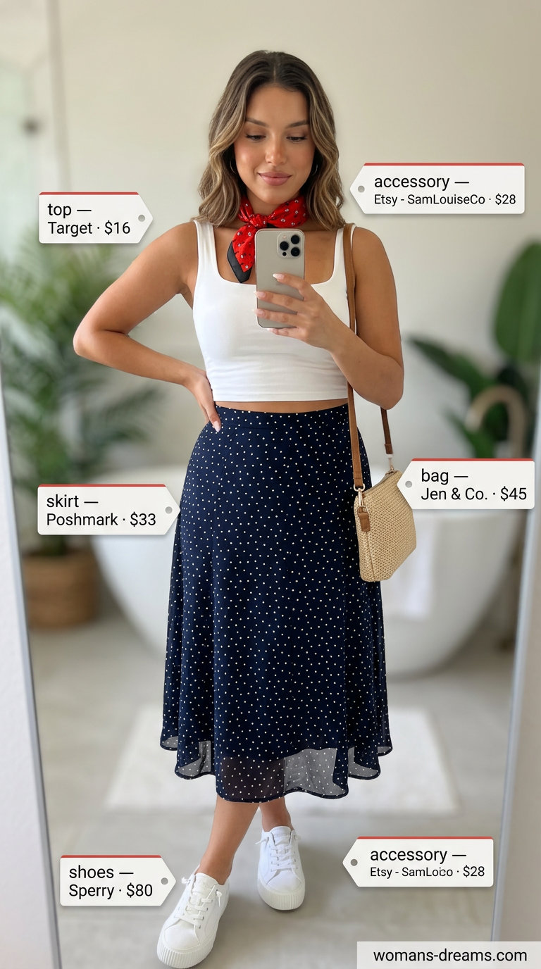 Chic summer pool party outfits for women 2026: Polka dot skirt, white crop top, sneakers & straw bag.