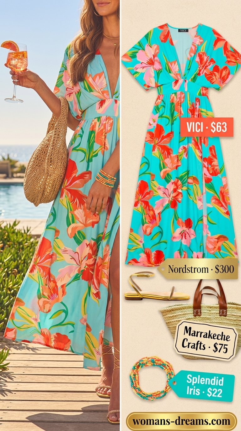 Chic summer pool party outfits for women 2026: Flowing floral maxi caftan with embellished sandals and straw tote.