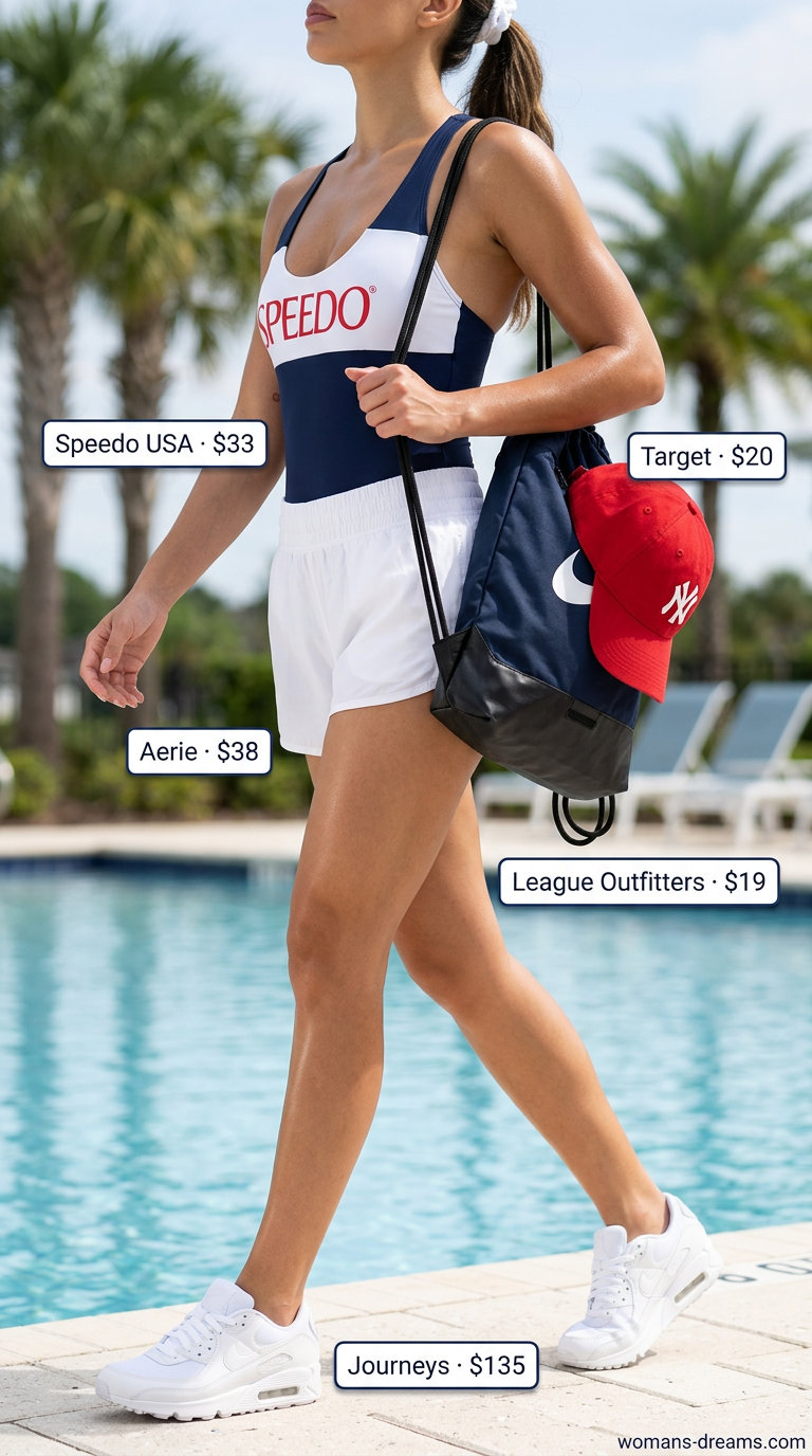 Chic summer pool party outfits for women 2026: Navy sporty swimsuit, red cap, white athletic shorts, sneakers.