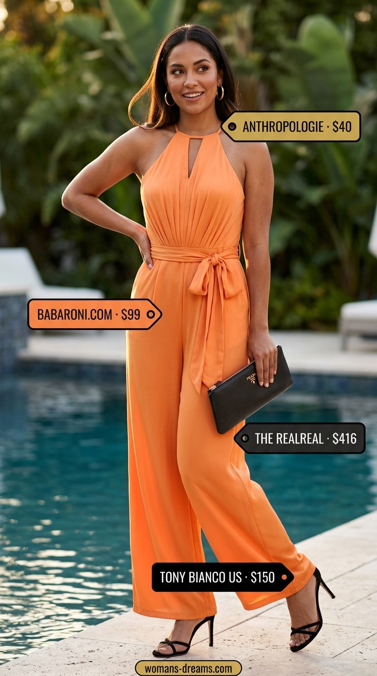 Chic summer pool party outfits for women 2026: Sunset orange wide-leg jumpsuit with strappy heels and gold hoops.