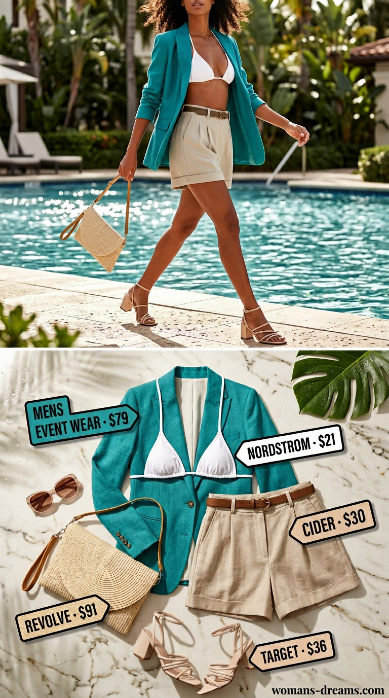 Chic summer pool party outfits for women 2026: Teal linen blazer, white bikini, beige shorts & sandals.