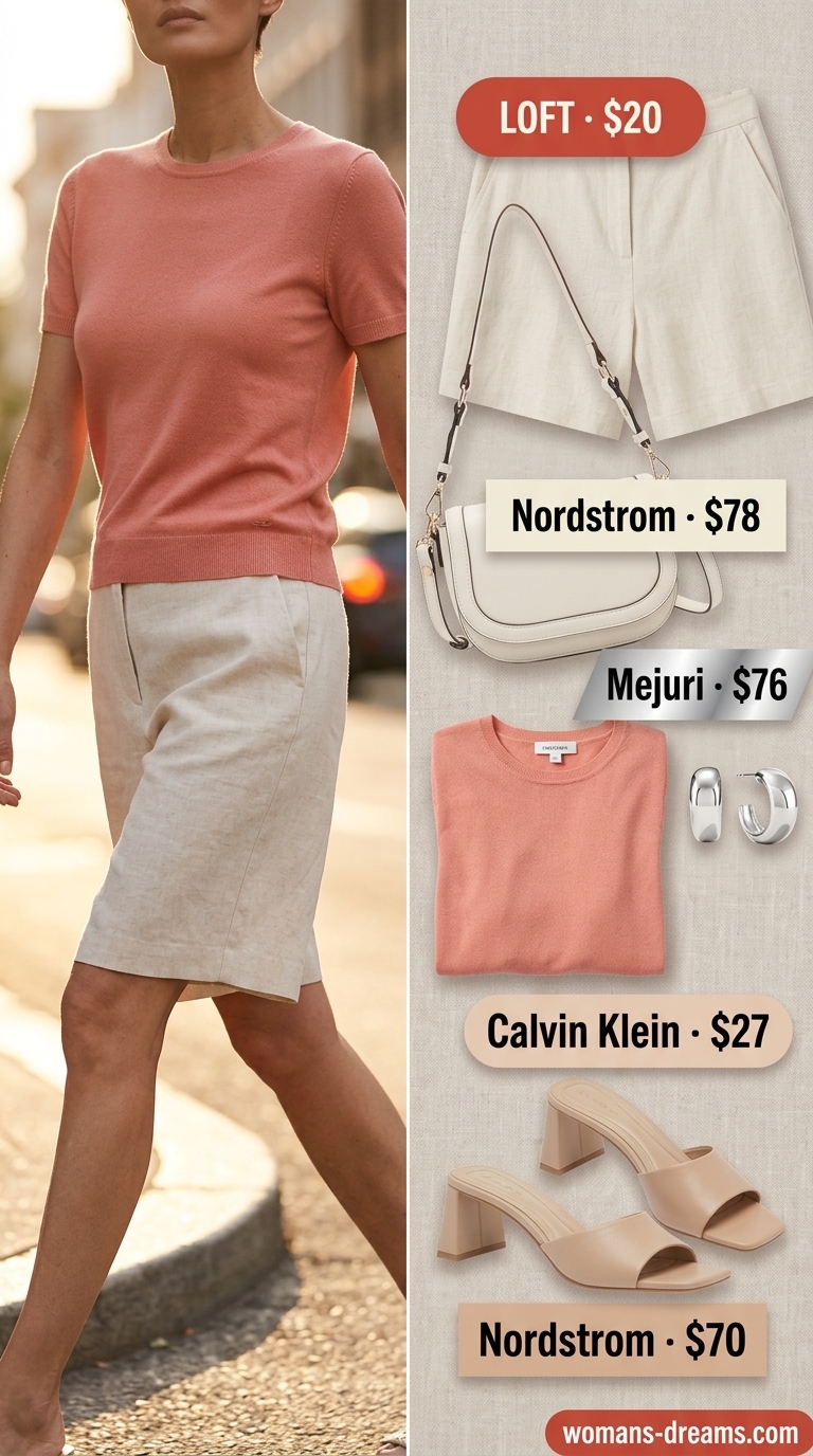 Classic summer outfit for women over 50 2026: Cream shorts, coral sweater, block heels for elevated brunch.