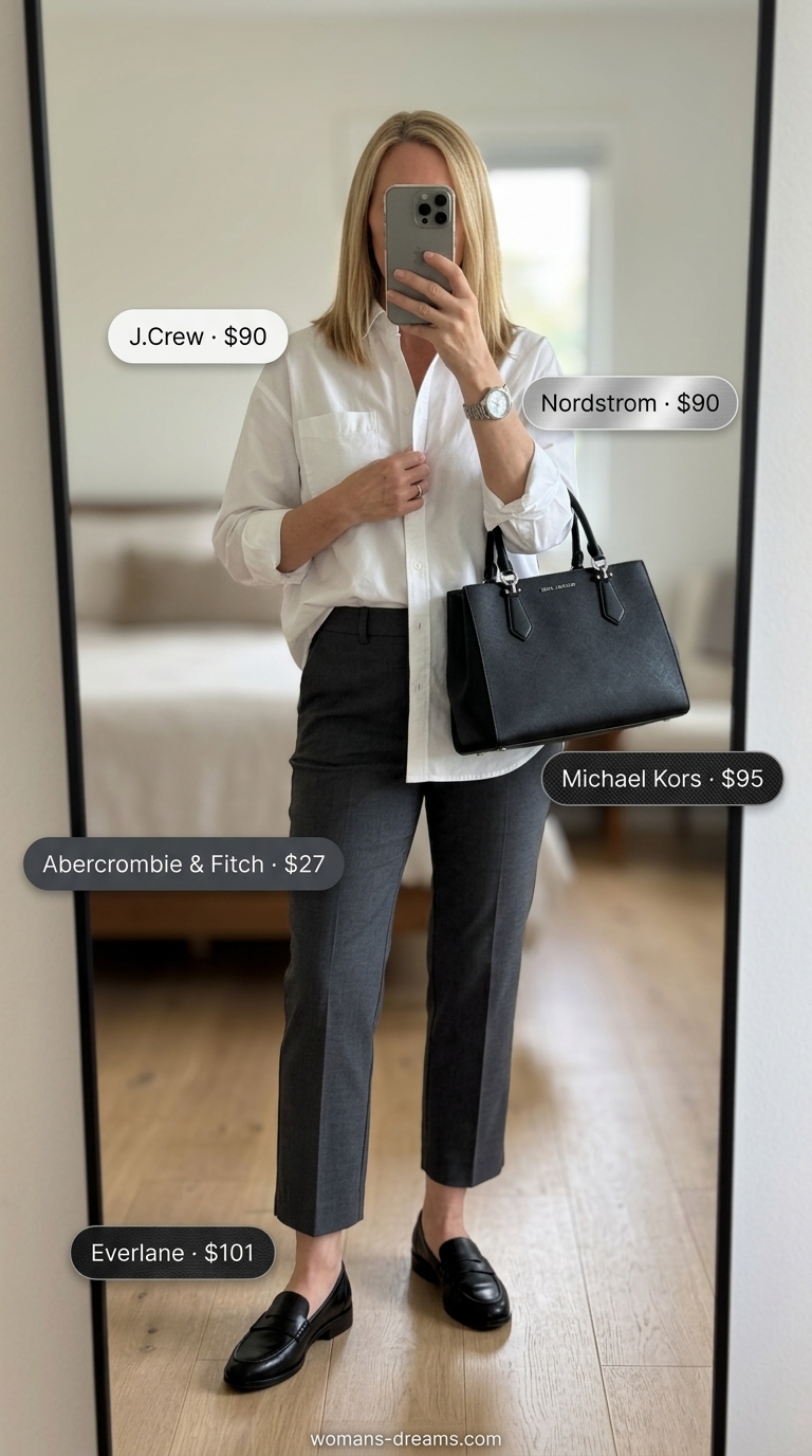 Classic summer outfit for women over 50 2026: Charcoal gray trousers, white button-down, loafers for city strolls.
