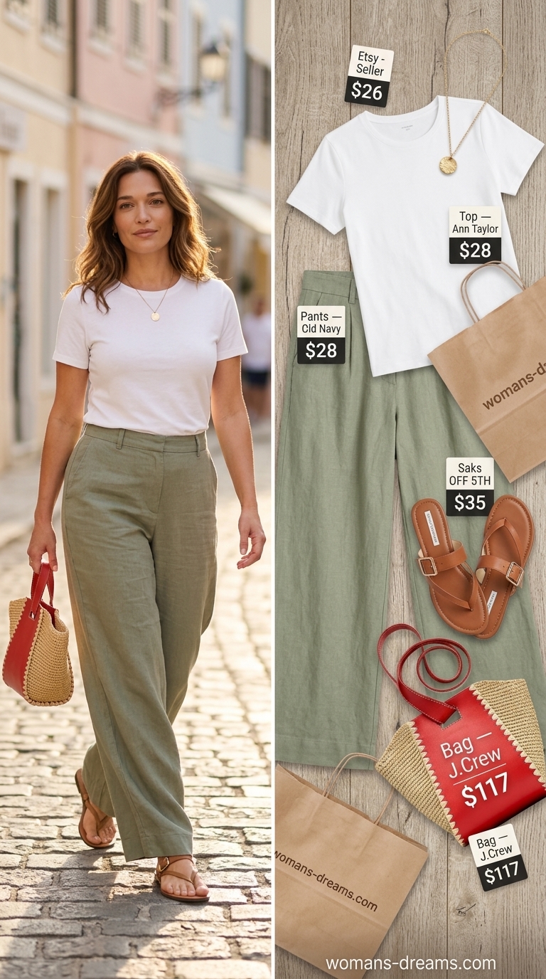 Classic summer outfit for women over 50 2026: Sage green wide-leg pants, white knit top, straw bag for coastal vibes.